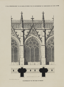 214494 Plattegrond en opstand van drie traveeën (ged.) van de kruisgang van de Domkerk te Utrecht.N.B. De afbeelding is ...